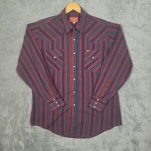 Vintage Ely Plains Western Shirt Mens 16.5 Large Burgundy Stripe Pearl Snap 90s